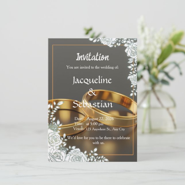 Luxury Gold Rings Wedding Invitation (Standing Front)