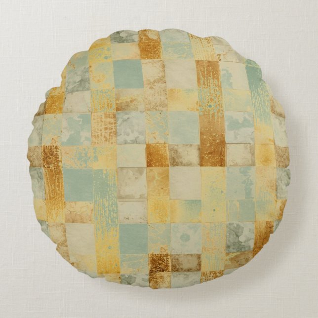 Luxury, Gold Sage Checkered Pattern, Modern Round Cushion (Front)