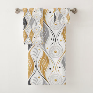 Luxury Gold Silver Black Art Deco Abstract Pattern Bath Towel Set