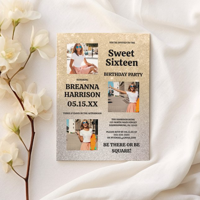 Luxury gold silver glitter gradient Photo Sweet 16 Invitation (Luxury gold silver glitter gradient Photo Sweet 16)