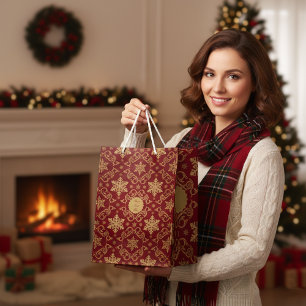 Luxury Gold Snowflake & Red Damask Christmas Medium Gift Bag
