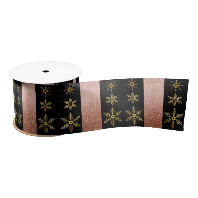 Luxury Gold Snowflakes and Pink Glitter Christmas Satin Ribbon (Spool)