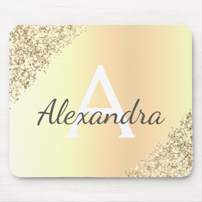 Luxury Gold Sparkle Glitter Monogram Name Mouse Pad (Front)