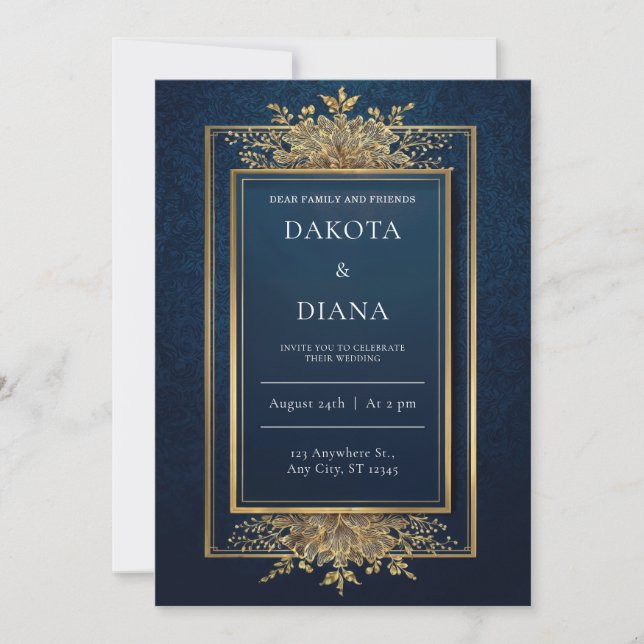 Luxury Gold Swirl Navy Blue Ornate Wedding Invitation (Front)