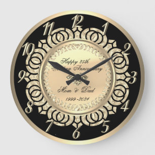Luxury Gold Swirls Black 25th Wedding Anniversary  Large Clock
