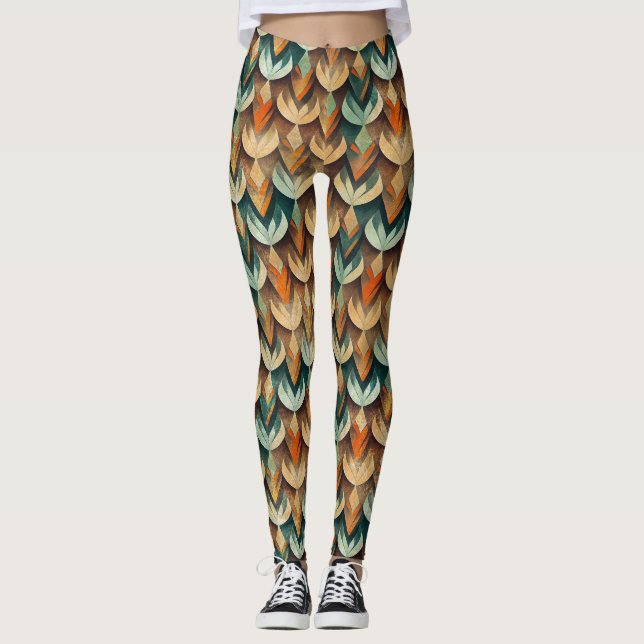 Luxury Gold Teal Art Deco Abstract Pattern Leggings (Front)