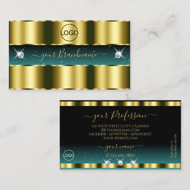 Luxury Gold Teal Black Sparkling Diamonds Add Logo Business Card (Front/Back)