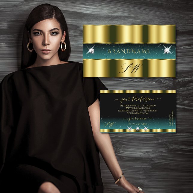 Luxury Gold Teal Black Sparkling Diamonds Monogram Business Card (Creator Uploaded)