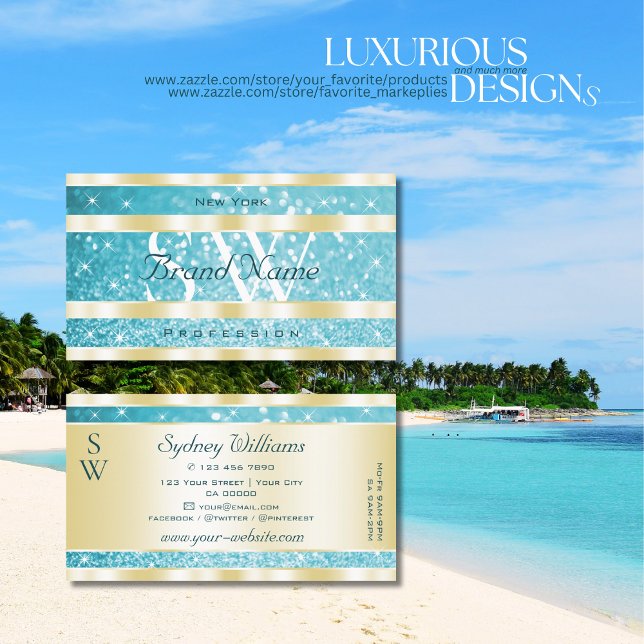 Luxury Gold Teal Glitter Luminous Stars Monogram Business Card (Creator Uploaded)