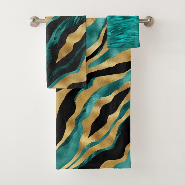 Luxury Gold Teal Tiger Stripe Pattern Bath Towel Set (Insitu)