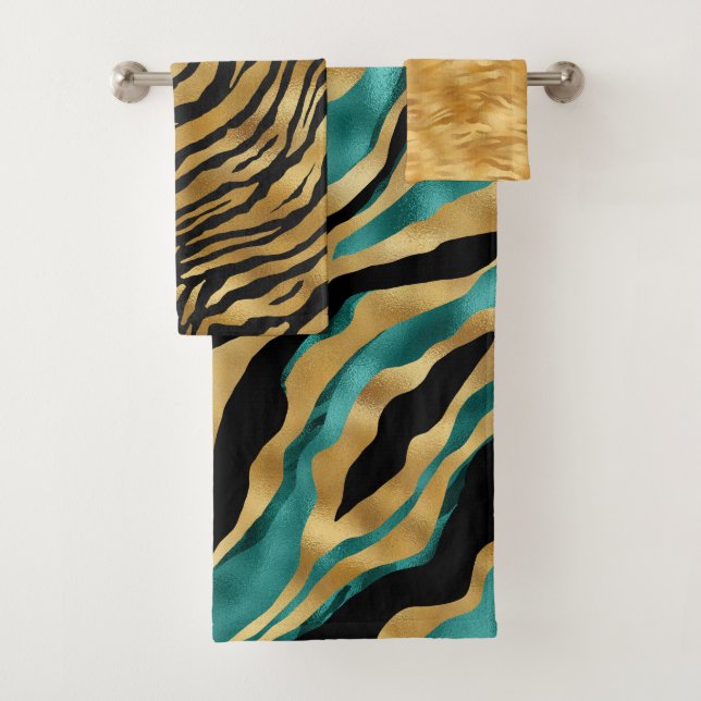 Luxury Gold Teal Tiger Stripe Pattern Bath Towel Set (Insitu)