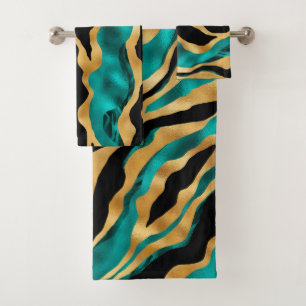 Luxury Gold Teal Tiger Stripe Pattern Bath Towel Set