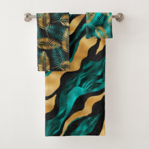 Luxury Gold Teal Tiger Stripe & Tropical Leaves Bath Towel Set