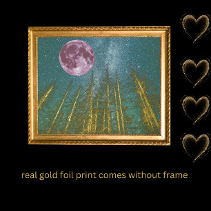 luxury gold tree pink moon galaxy real     foil prints