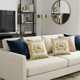 Luxury Gold Tufted Monogram Crest Custom Name Cushion