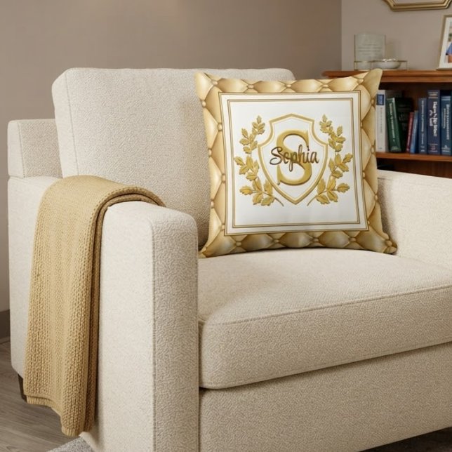 Luxury Gold Tufted Monogram Crest Custom Name Cushion (Creator Uploaded)