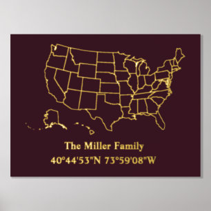 luxury gold US map longitude latitude home real Foil Prints