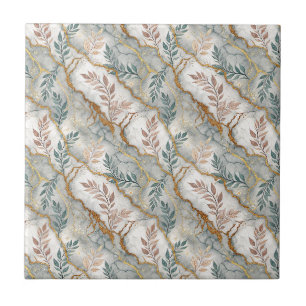 Luxury Gold Vein Grey Marble Botanical Pattern Art Ceramic Tile