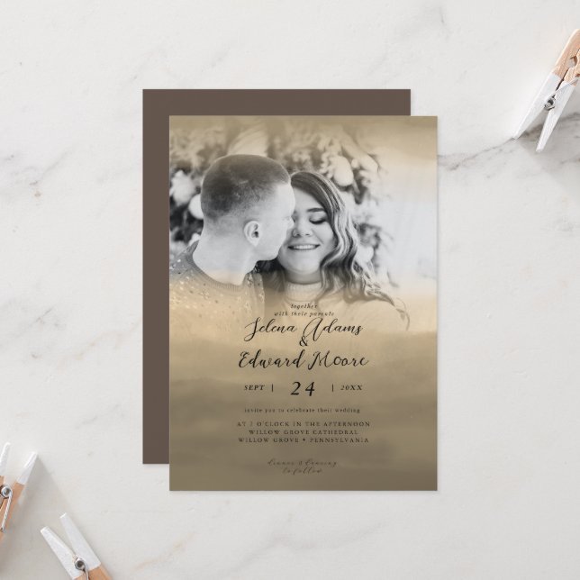 Luxury Gold Watercolor Overlay Photo Wedding Invitation (Front/Back In Situ)
