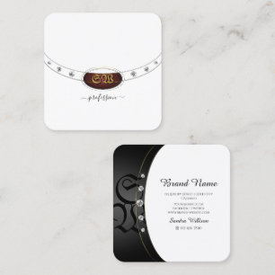 Luxury Gold White and Black Monogram with Diamonds Square Business Card