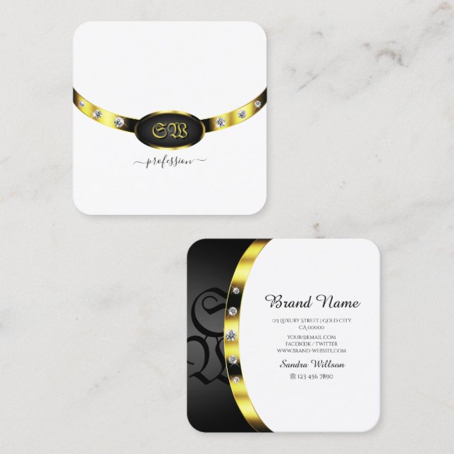 Luxury Gold White and Black Monogram with Diamonds Square Business Card (Front/Back)