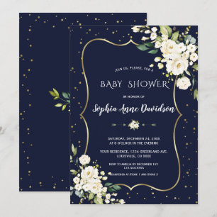 Luxury Gold White Flowers Navy Blue Baby Shower Invitation