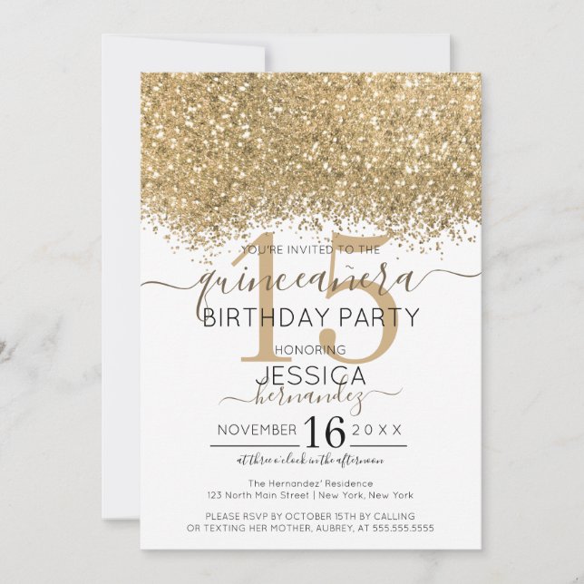 Luxury Gold White Glitter Confetti Quinceañera Invitation (Front)