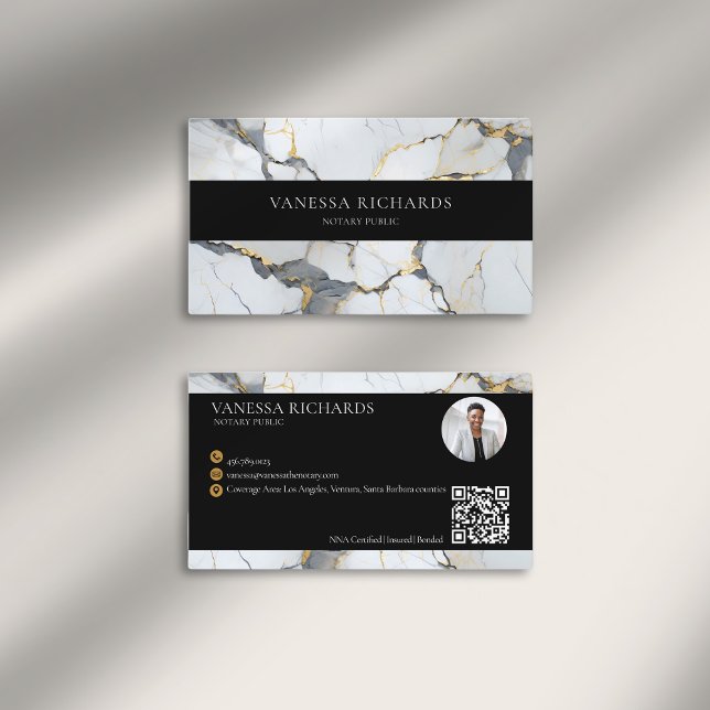 Luxury Gold White Grey QR Code Notary Photo  Business Card (Creator Uploaded)