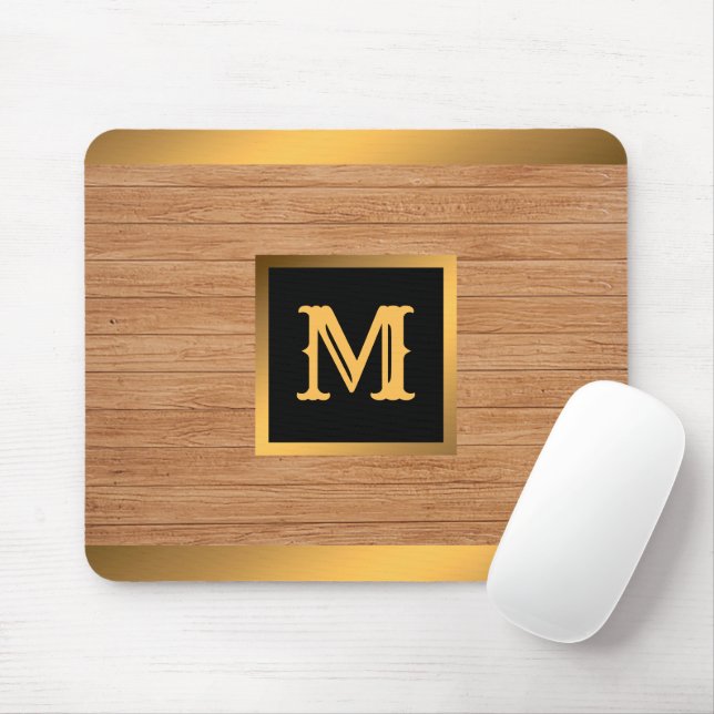 Luxury Gold Wood Modern Monogrammed Mouse Pad (With Mouse)