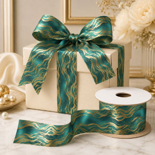 Luxury Golden Beige Swirl Turquoise Teal Blue Satin Ribbon