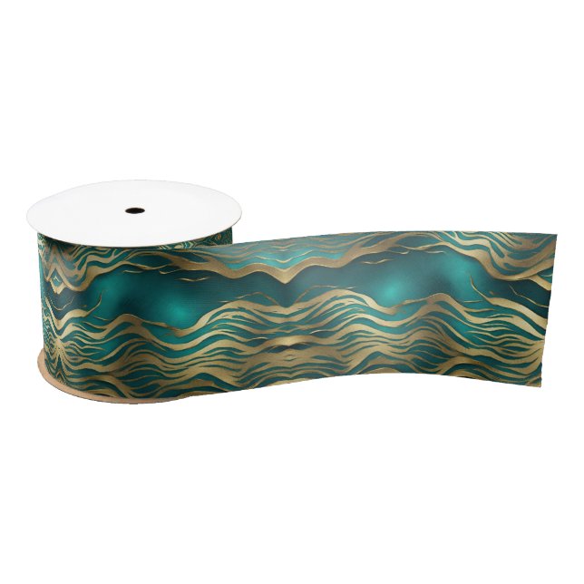 Luxury Golden Beige Swirl Turquoise Teal Blue  Satin Ribbon (Spool)