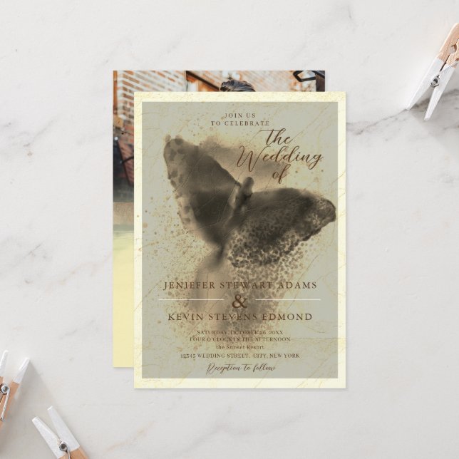 Luxury Golden Butterfly Photo Overlay Wedding Invitation (Front/Back In Situ)
