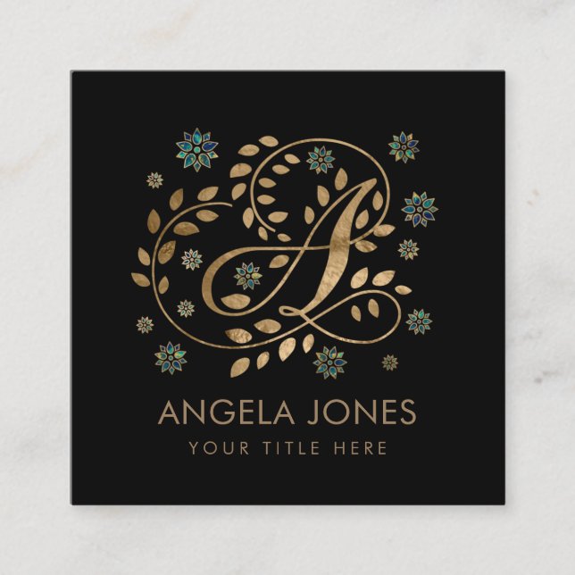Luxury Golden Calligraphy Monogram with letter A Square Business Card (Front)