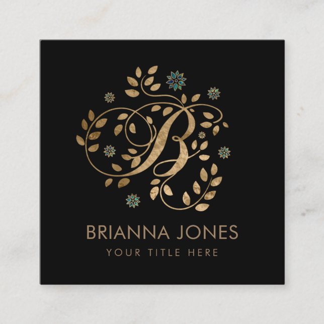 Luxury Golden Calligraphy Monogram with letter B Square Business Card (Front)