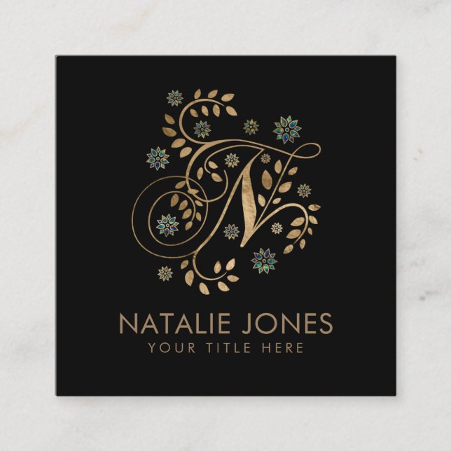 Luxury Golden Calligraphy Monogram with letter N Square Business Card (Front)
