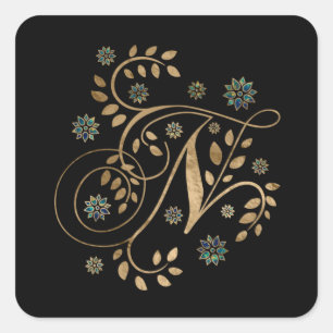 Luxury Golden Calligraphy Monogram with letter N Square Sticker
