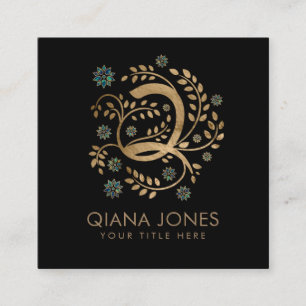 Luxury Golden Calligraphy Monogram with letter Q Square Business Card