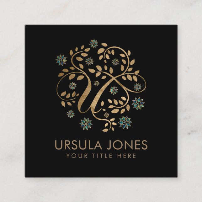 Luxury Golden Calligraphy Monogram with letter U Square Business Card (Front)