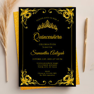 Luxury Golden Crown Black and Gold Quinceanera Invitation