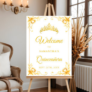 Luxury Golden Crown Quinceañera Welcome Sign