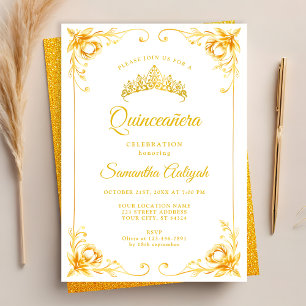 Luxury Golden Crown White and Gold Quinceanera Invitation