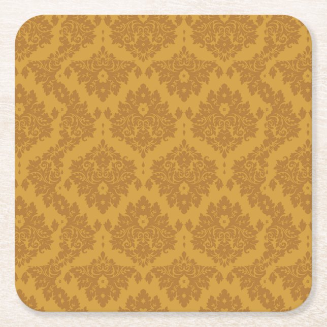 Luxury Golden Damask Square Paper Coaster (Front)