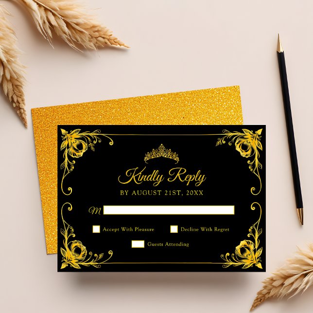 Luxury Golden Floral Black and Gold Quinceanera RSVP Card (Creator Uploaded)