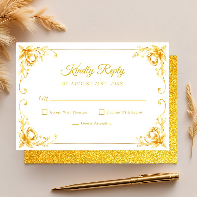 Luxury Golden Floral White and Gold Quinceanera RSVP Card (Creator Uploaded)