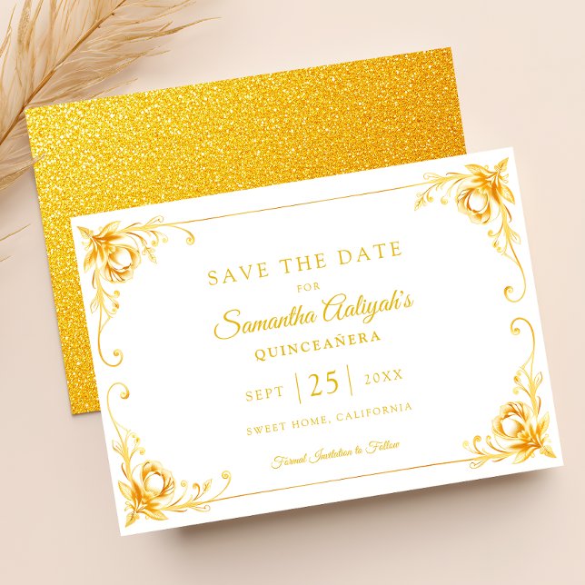 Luxury Golden Floral White and Gold Quinceanera Save The Date (Creator Uploaded)