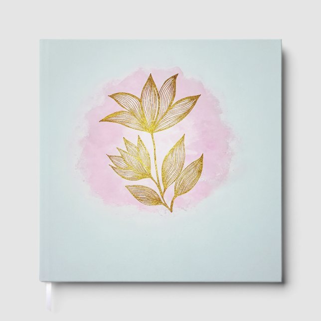 Luxury Golden Flower Pink Watercolor  Guest Book (Front)