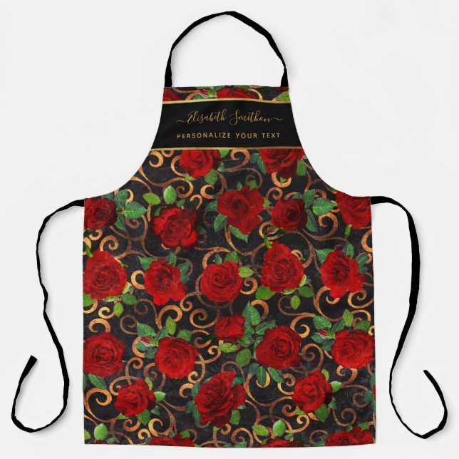    Luxury Golden Flowers Elegant Chic Classy Black Apron (Front)