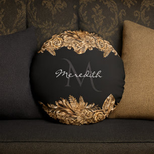    Luxury Golden Flowers Elegant Chic Classy Black Round Cushion