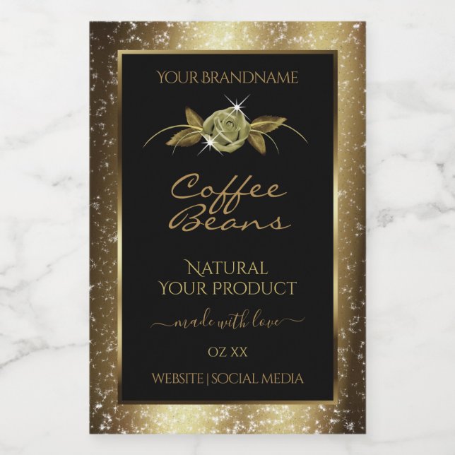 Luxury Golden Glitter Floral Black Product Labels (Single Label)