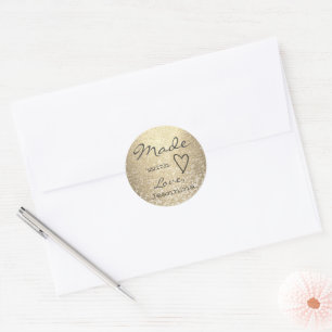 Luxury Golden Glitter Made with Love Heart Cute Classic Round Sticker